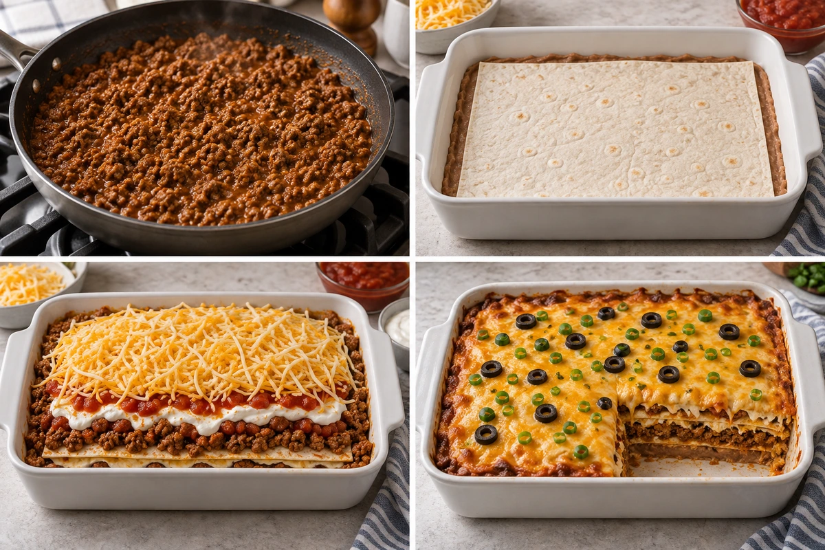 Four chronological preparation stages for Layered Taco Bake