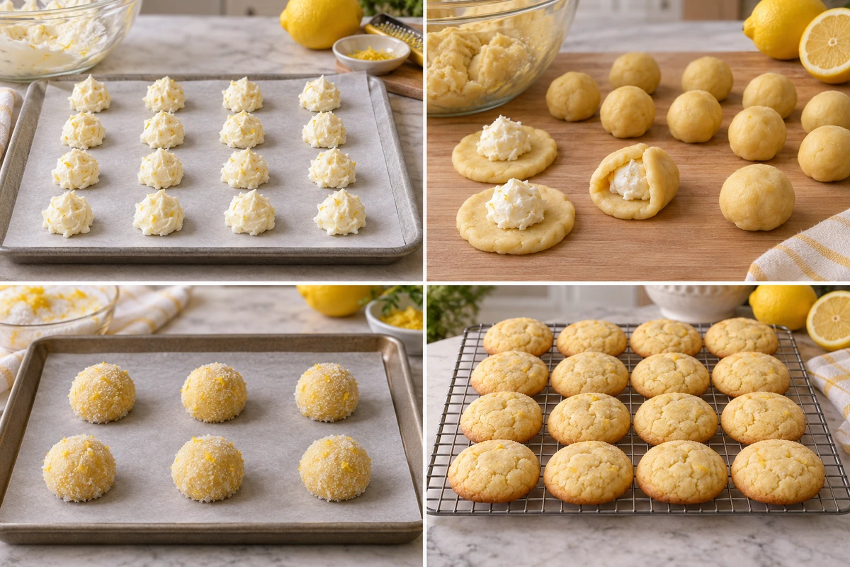 Four chronological preparation stages for Lemon Cheesecake Cookies