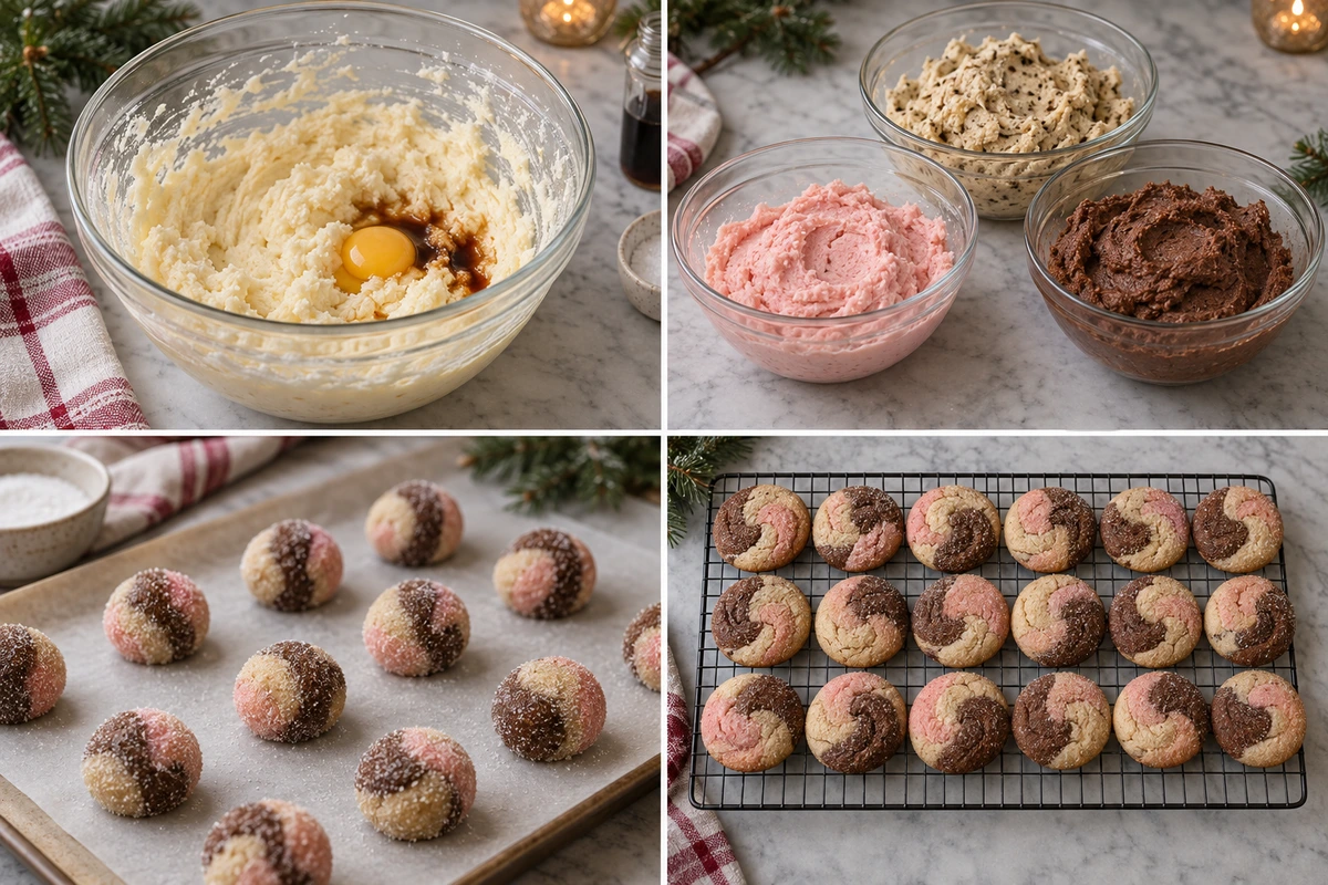 Four chronological preparation stages for Peppermint Mocha Cookies