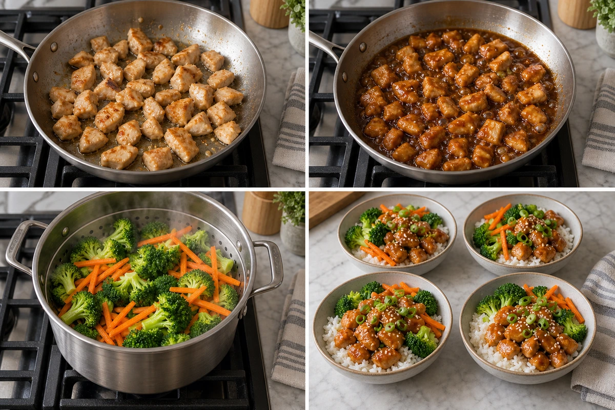 Four chronological preparation stages for Teriyaki Chicken Rice Bowl