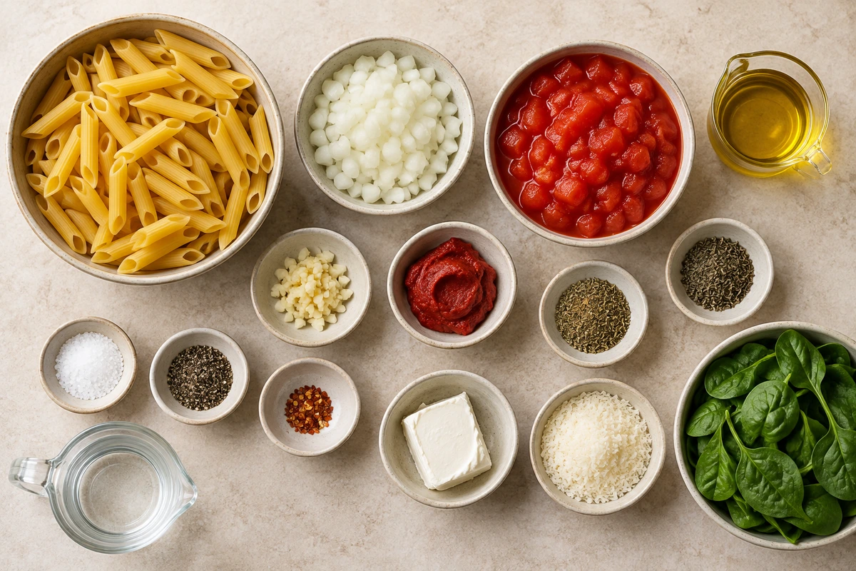 Exact measured ingredients for Creamy Tomato and Spinach Pasta