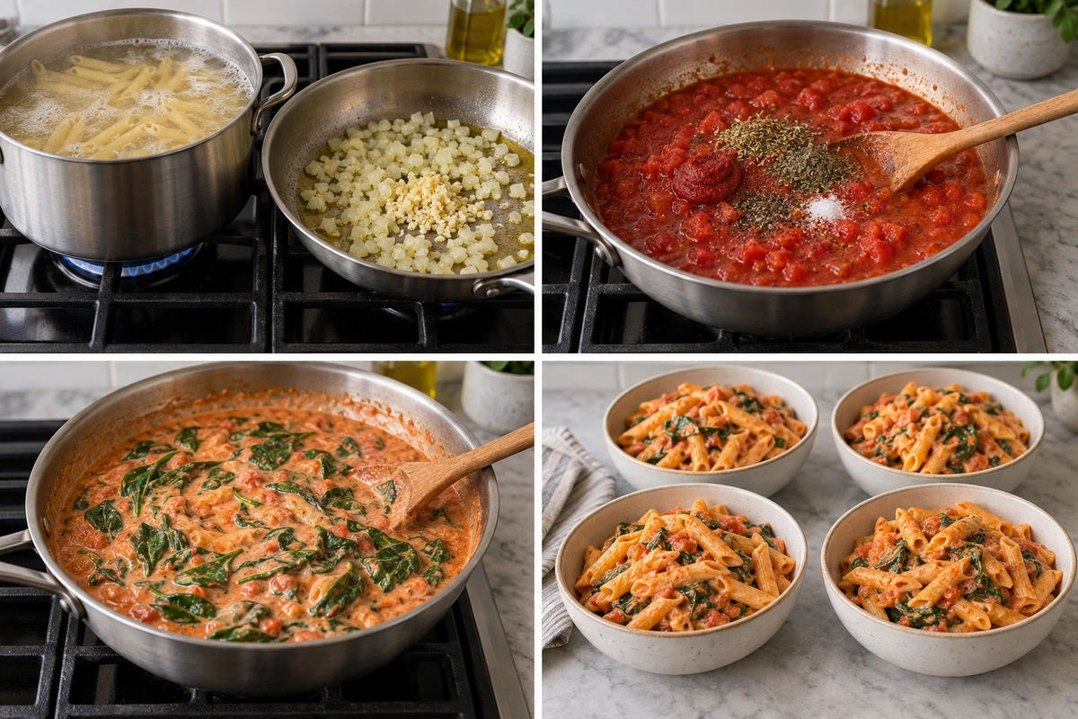 Four chronological preparation stages for Creamy Tomato and Spinach Pasta