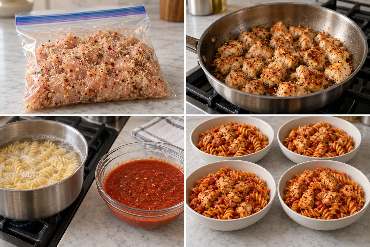 Four chronological preparation stages for Garlic Parmesan Healthy Chicken Pasta