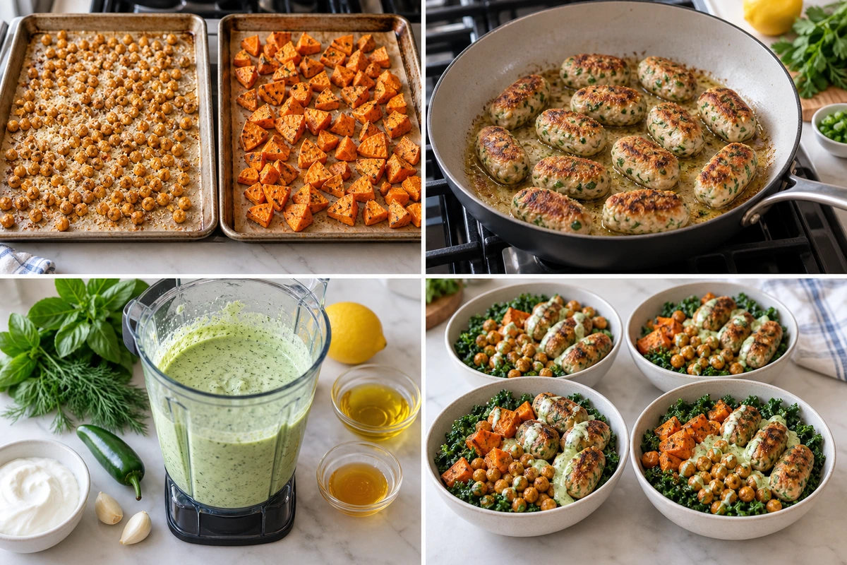 Four chronological preparation stages for Herby Chicken Meatball Bowl