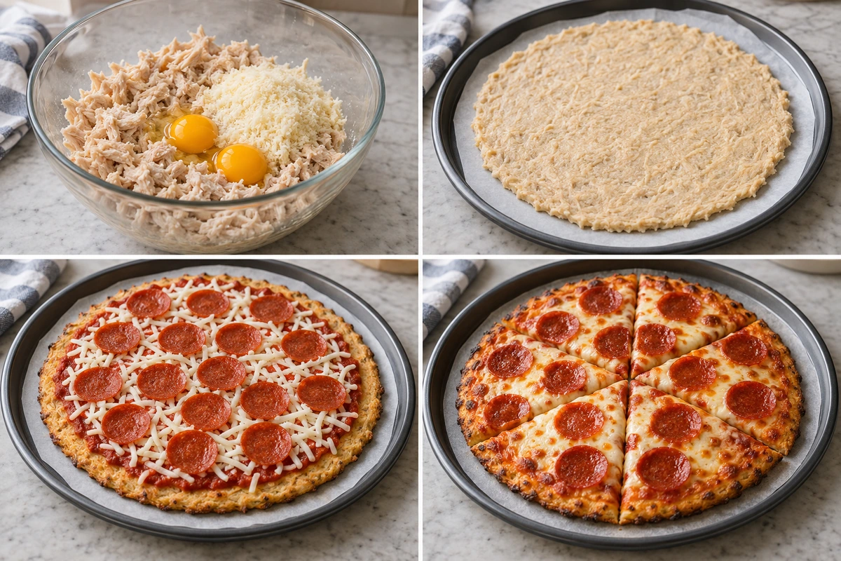 Four chronological preparation stages for Keto Pizza Chicken Crust