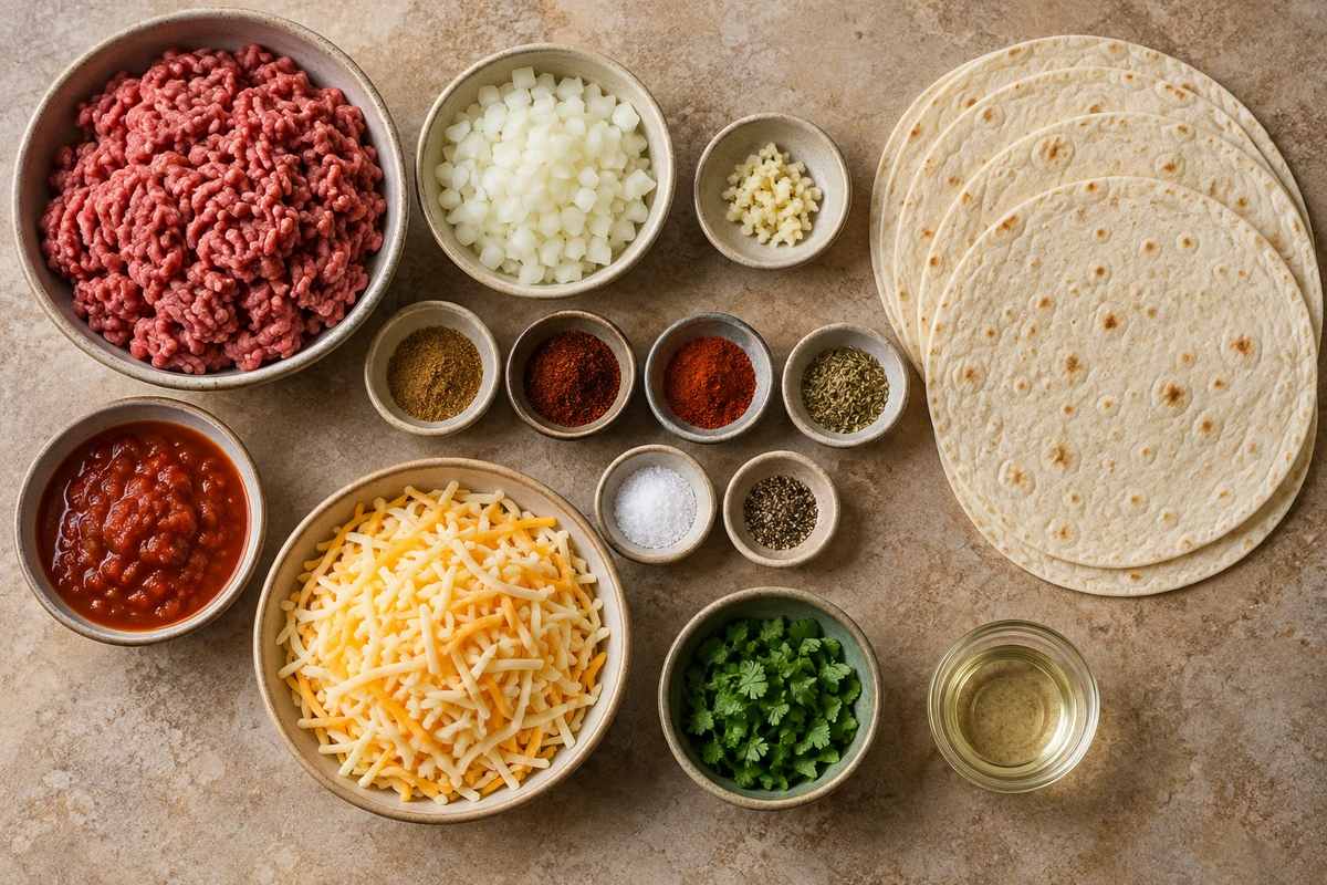 Exact measured ingredients for Cheesy Ground Beef Quesadillas