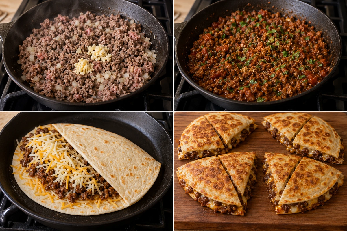 Four chronological preparation stages for Cheesy Ground Beef Quesadillas