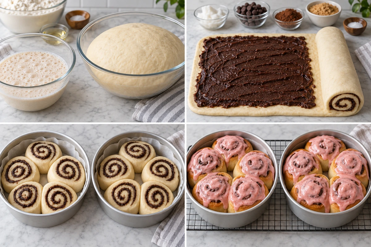 Four chronological preparation stages for Chocolate Rolls with Strawberry Cream Cheese Frosting