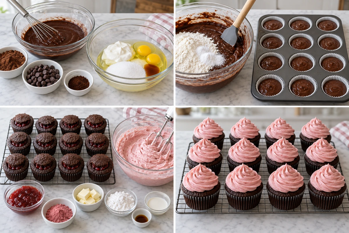 Four chronological preparation stages for Chocolate Strawberry Cupcakes