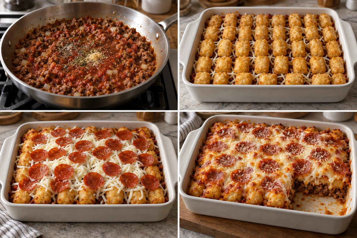 Four chronological preparation stages for Pizza Tot Casserole