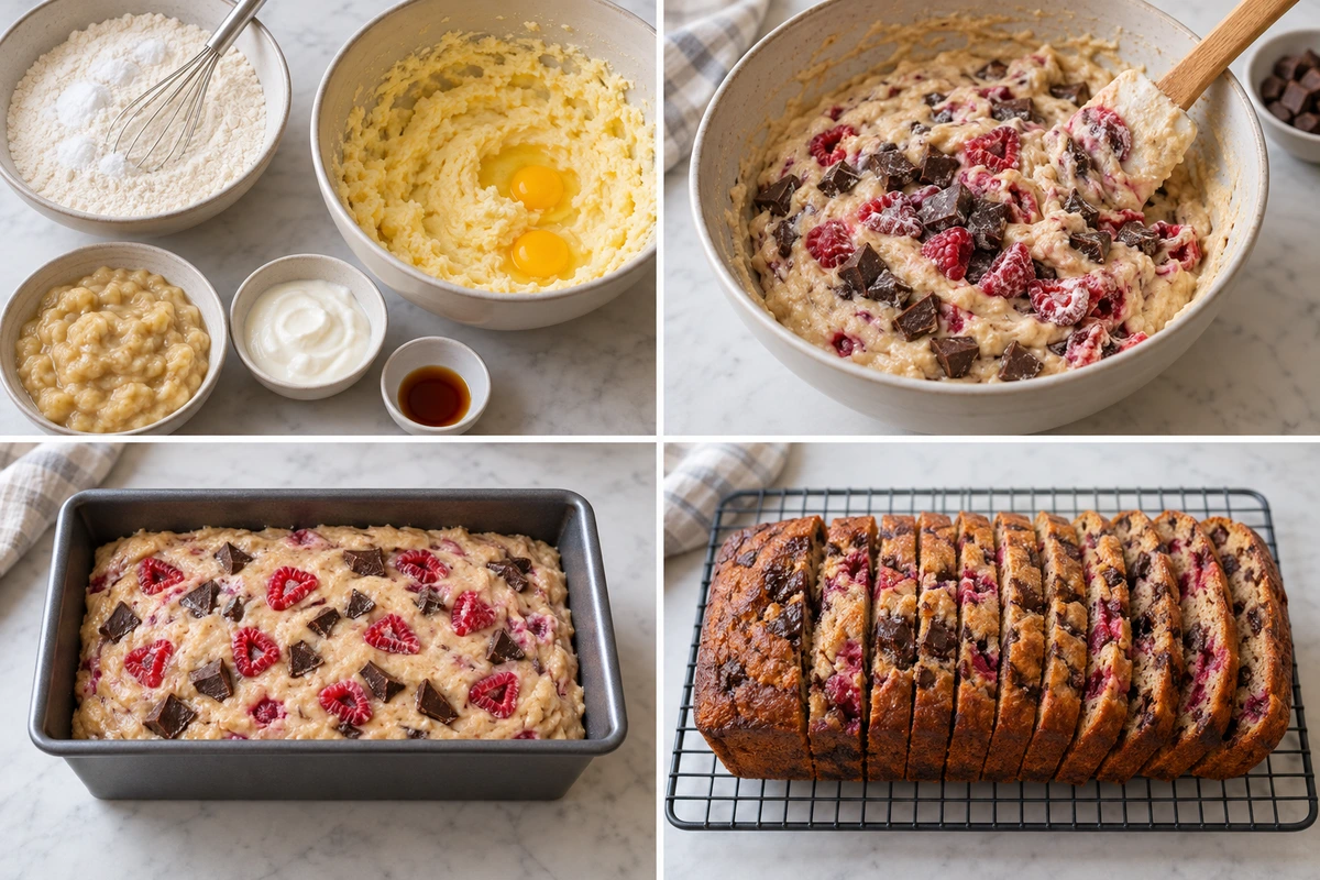 Four chronological preparation stages for Raspberry Dark Chocolate Banana Bread