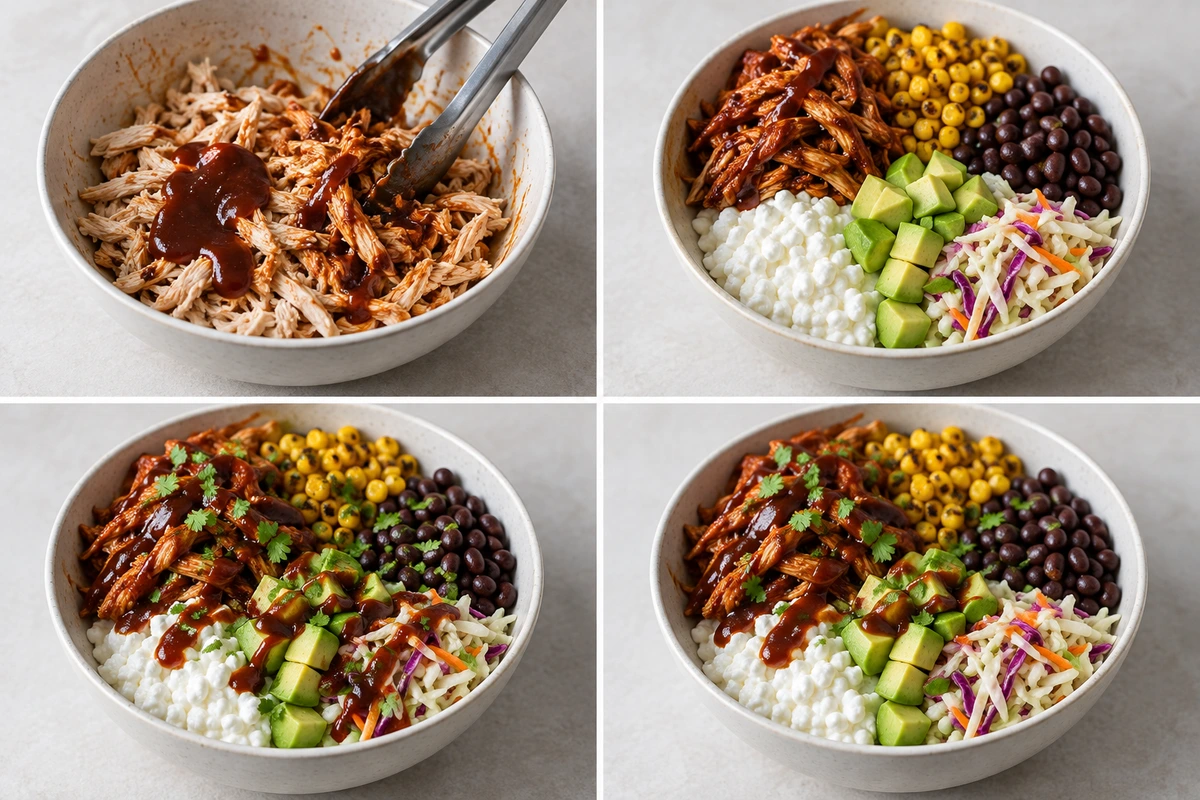 Four chronological preparation stages for BBQ Chicken Cottage Cheese Bowl