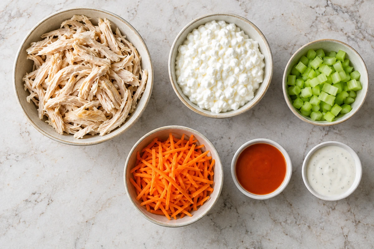Exact measured ingredients for Buffalo Chicken Cottage Cheese Bowl