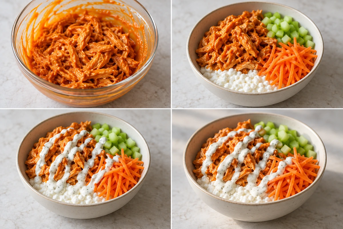 Four chronological preparation stages for Buffalo Chicken Cottage Cheese Bowl
