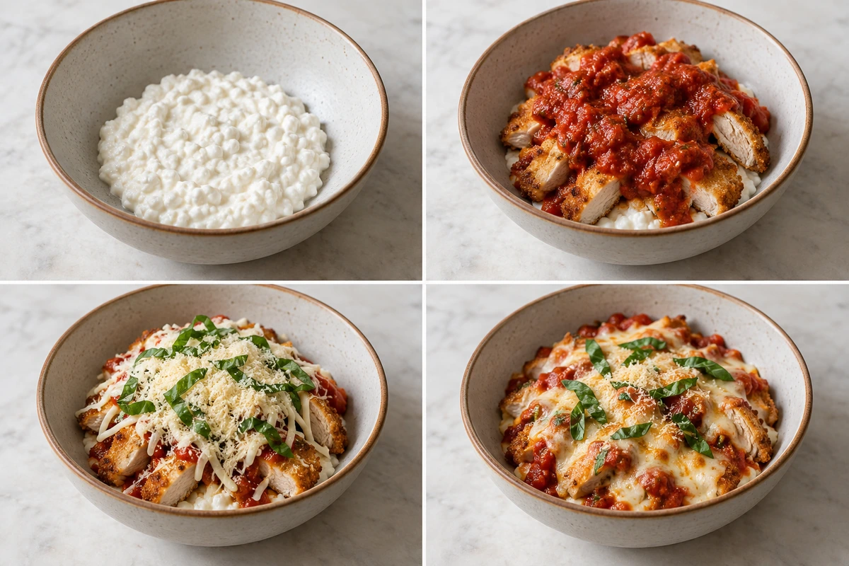 Four chronological preparation stages for Chicken Parm Cottage Cheese Bowl