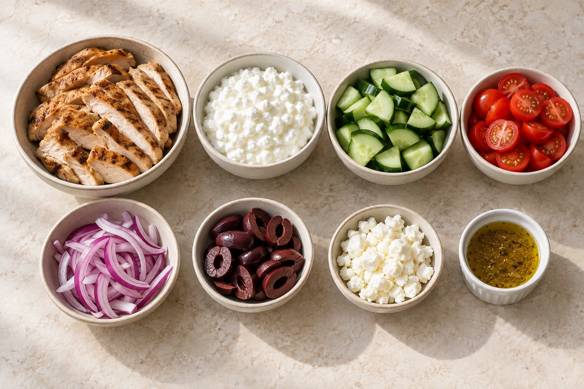 Exact measured ingredients for Greek Chicken Cottage Cheese Bowl