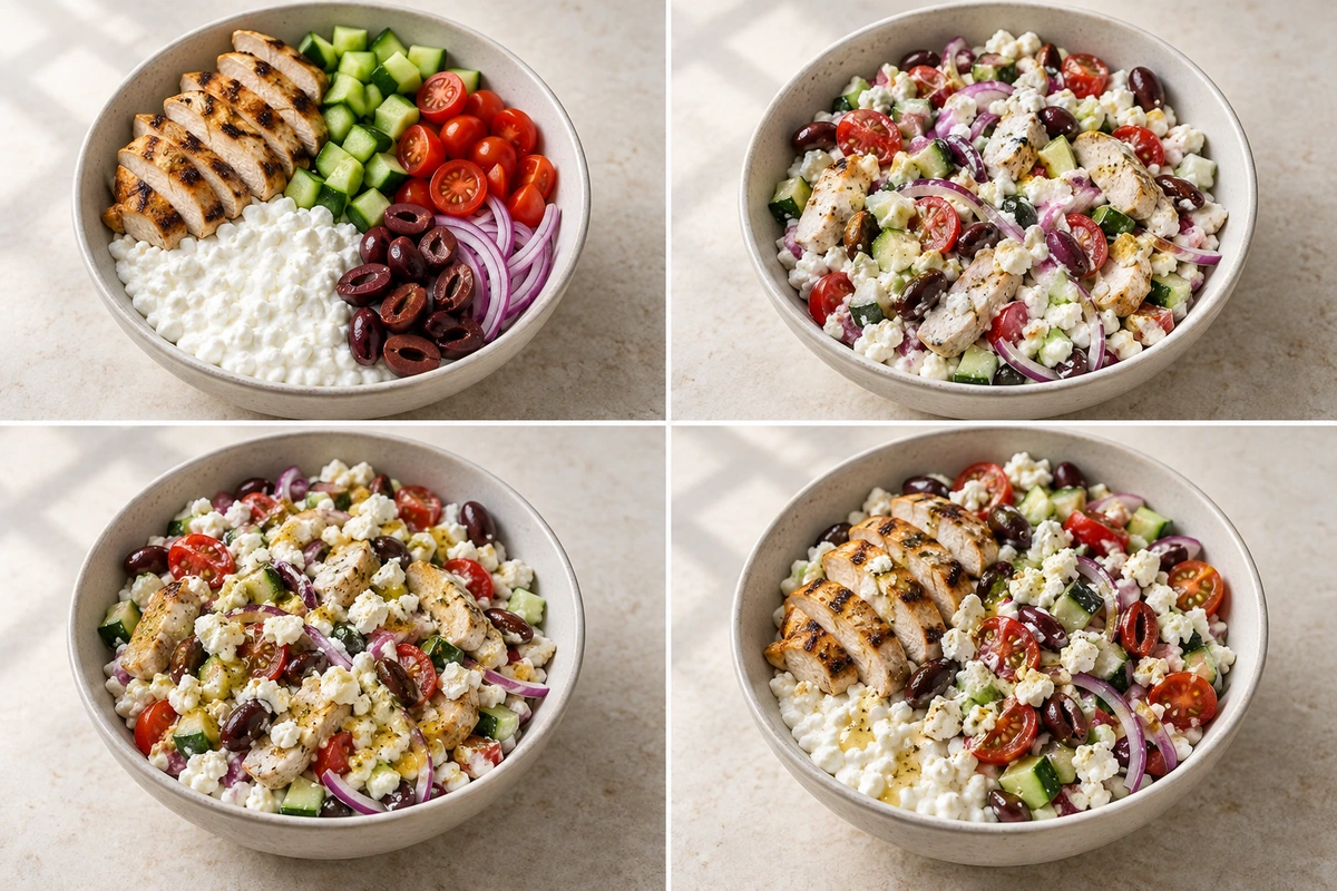 Four chronological preparation stages for Greek Chicken Cottage Cheese Bowl