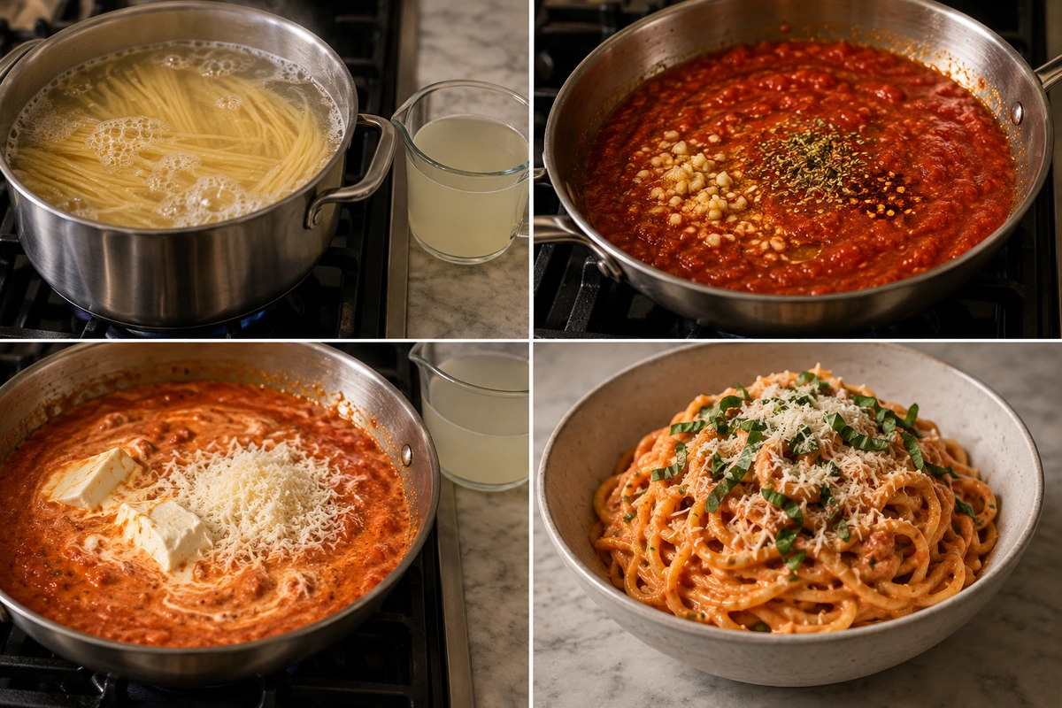 Four chronological preparation stages for Cheesy Garlic Parmesan Spaghetti