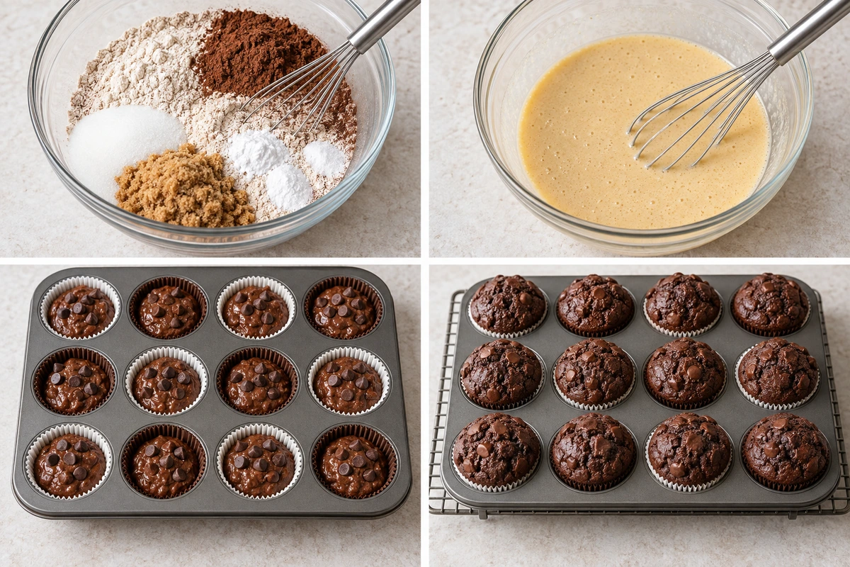 Four chronological preparation stages for Double Chocolate Chip Muffins