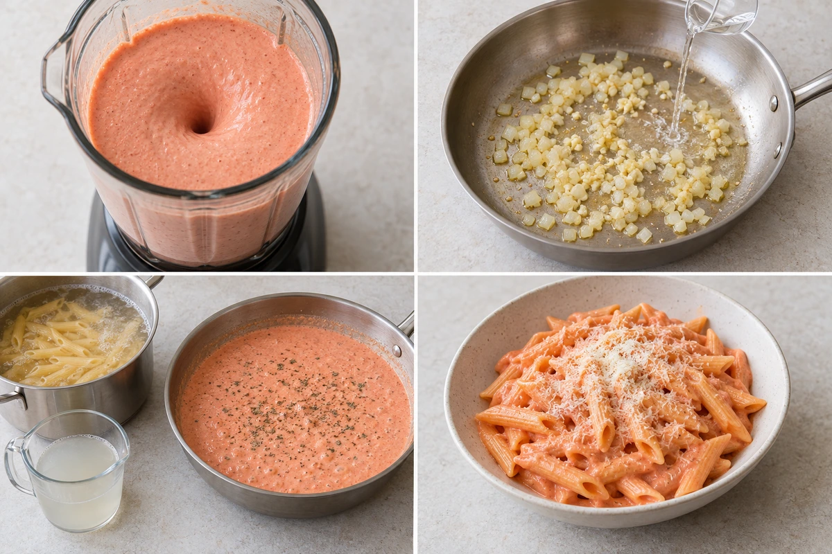 Four chronological preparation stages for Healthy Penne Alla Vodka