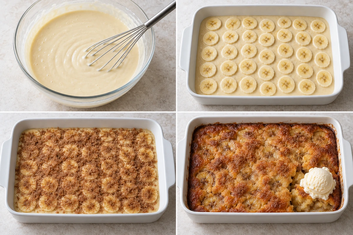 Four chronological preparation stages for Southern Banana Cobbler Delight