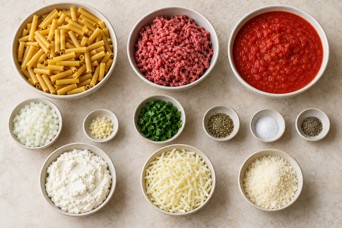 Exact measured ingredients for Ultimate Creamy Cheesy Baked Ziti