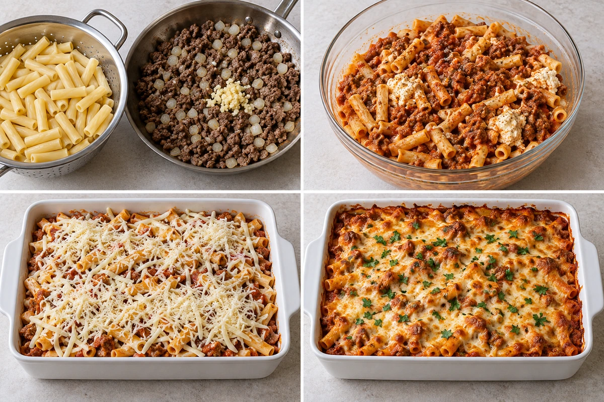 Four chronological preparation stages for Ultimate Creamy Cheesy Baked Ziti