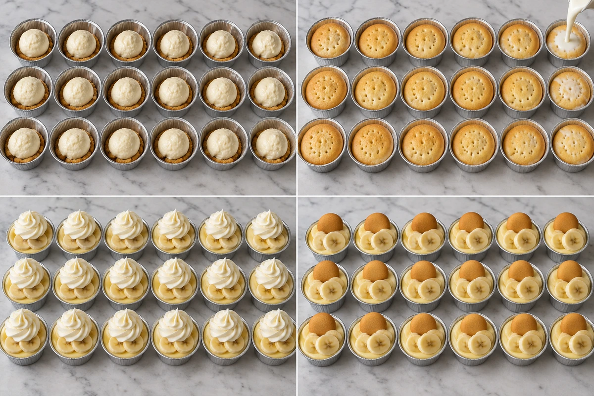 Four chronological preparation stages for Banana Pudding Cheesecake Tres Leches