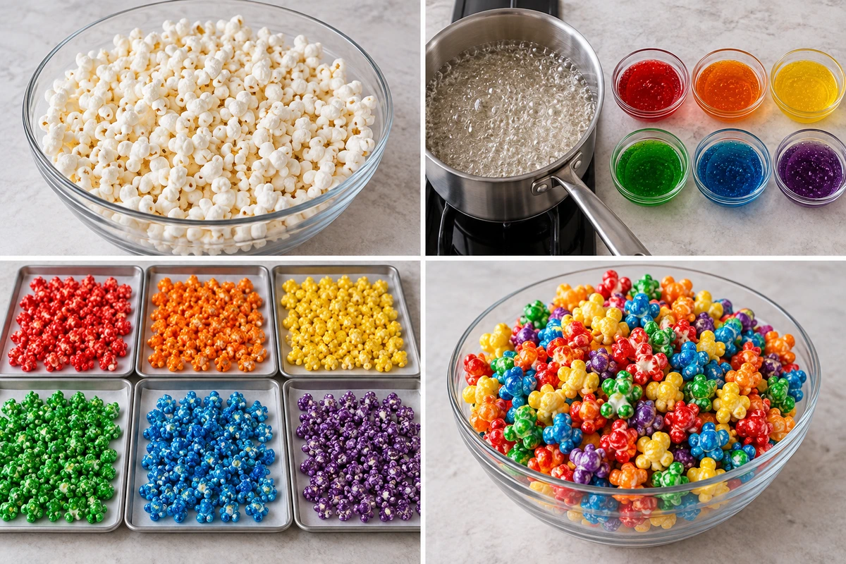 Four chronological preparation stages for Candied Rainbow Popcorn