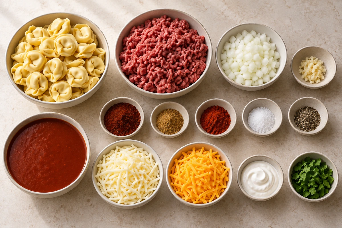 Exact measured ingredients for Cheesy Beef Enchilada Tortellini