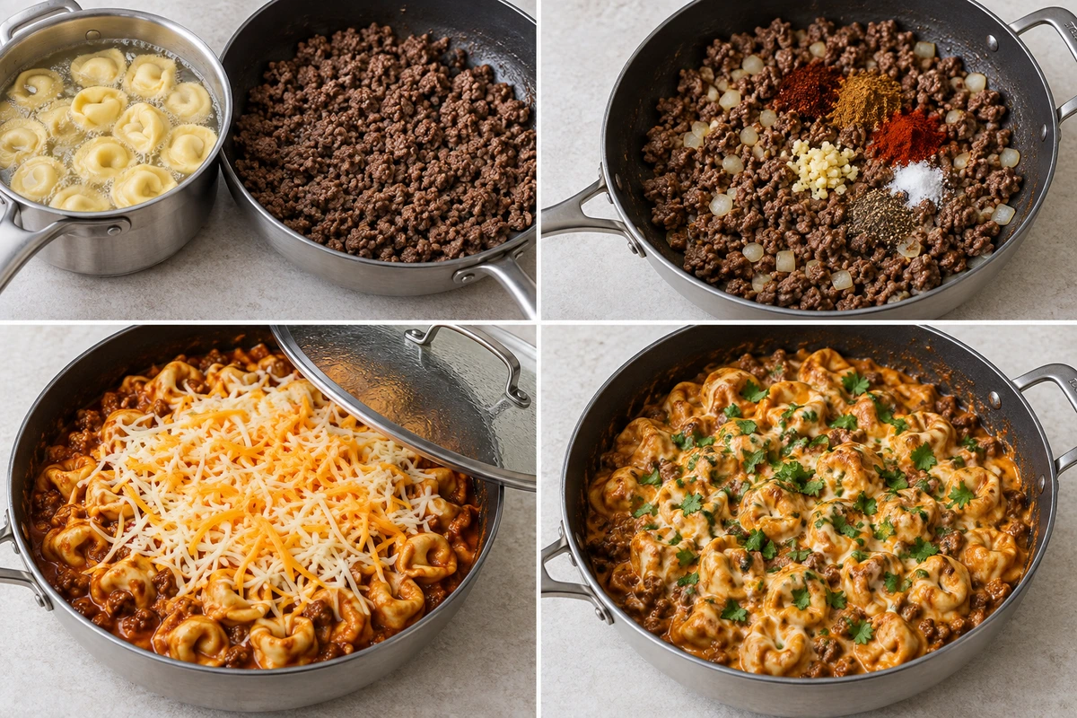 Four chronological preparation stages for Cheesy Beef Enchilada Tortellini