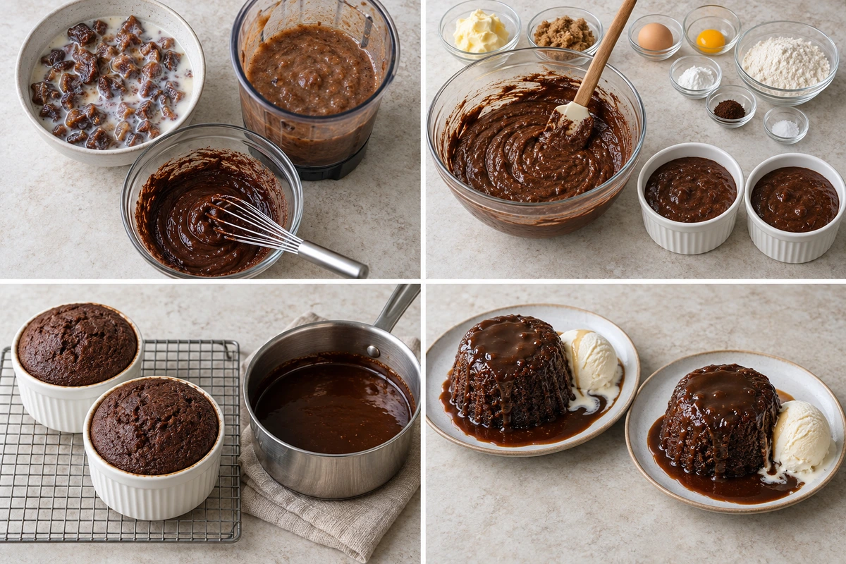 Four chronological preparation stages for Chocolate Sticky Toffee Puddings for Two
