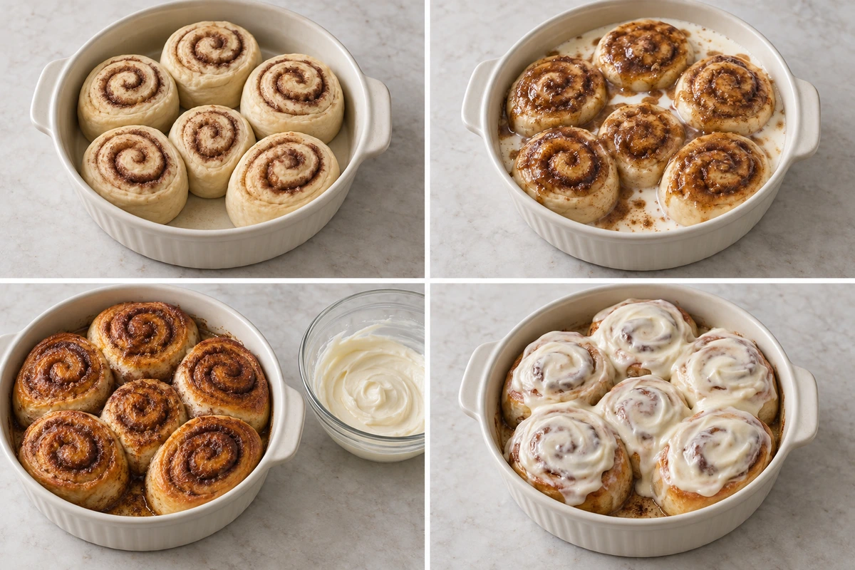 Four chronological preparation stages for Cinnamon Rolls with Heavy Cream