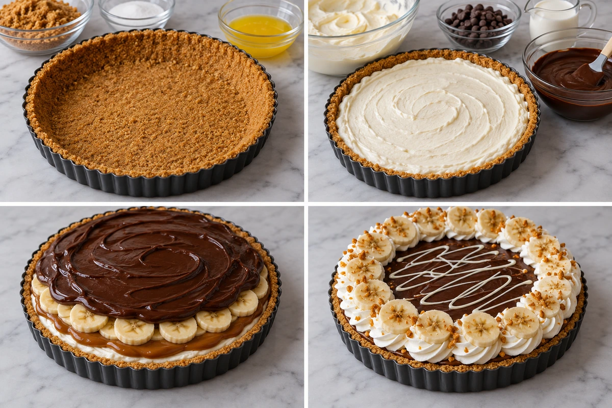 Four chronological preparation stages for Banoffee Pie