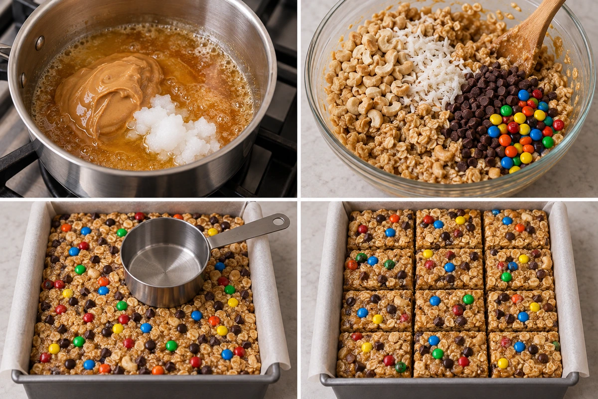Four chronological preparation stages for Chewy Granola Bars