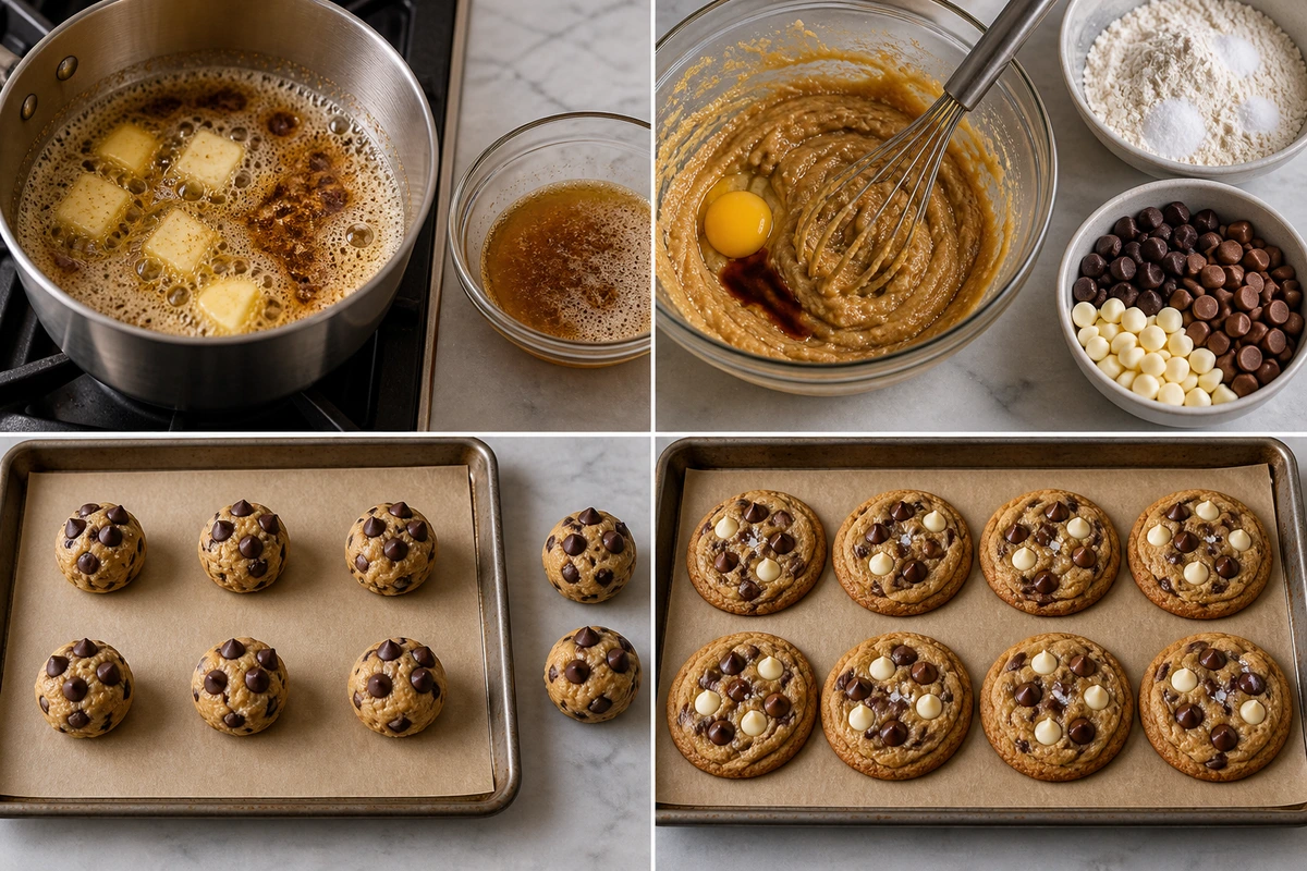 Four chronological preparation stages for Chocolate Chip Cookies