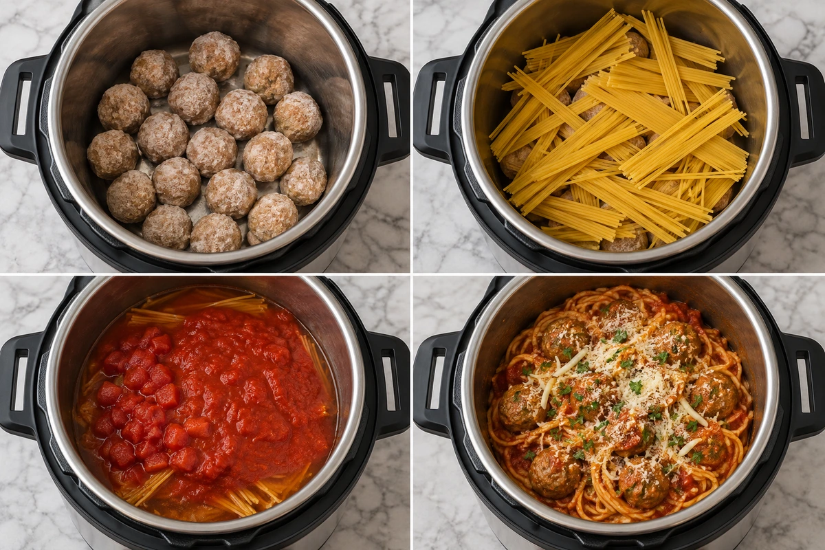 Four chronological preparation stages for Instant Pot Spaghetti and Meatballs