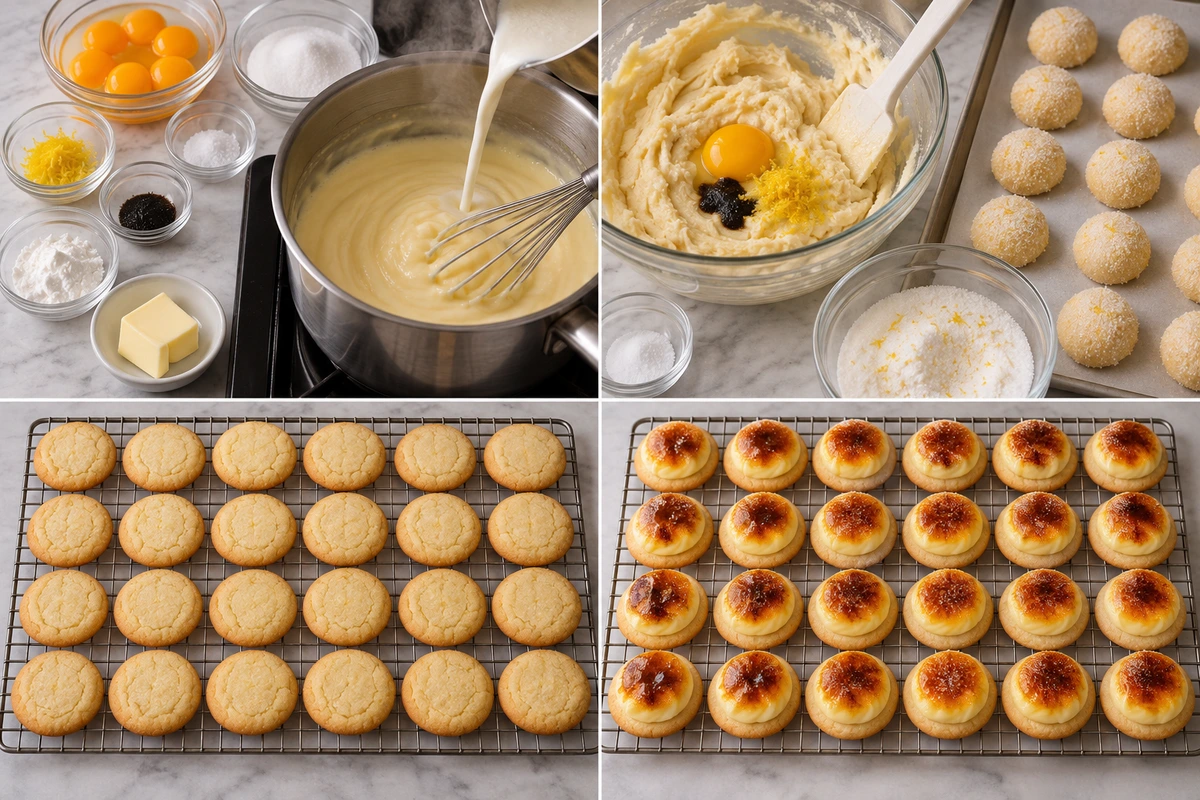 Four chronological preparation stages for Lemon Crème Brûlée Cookies