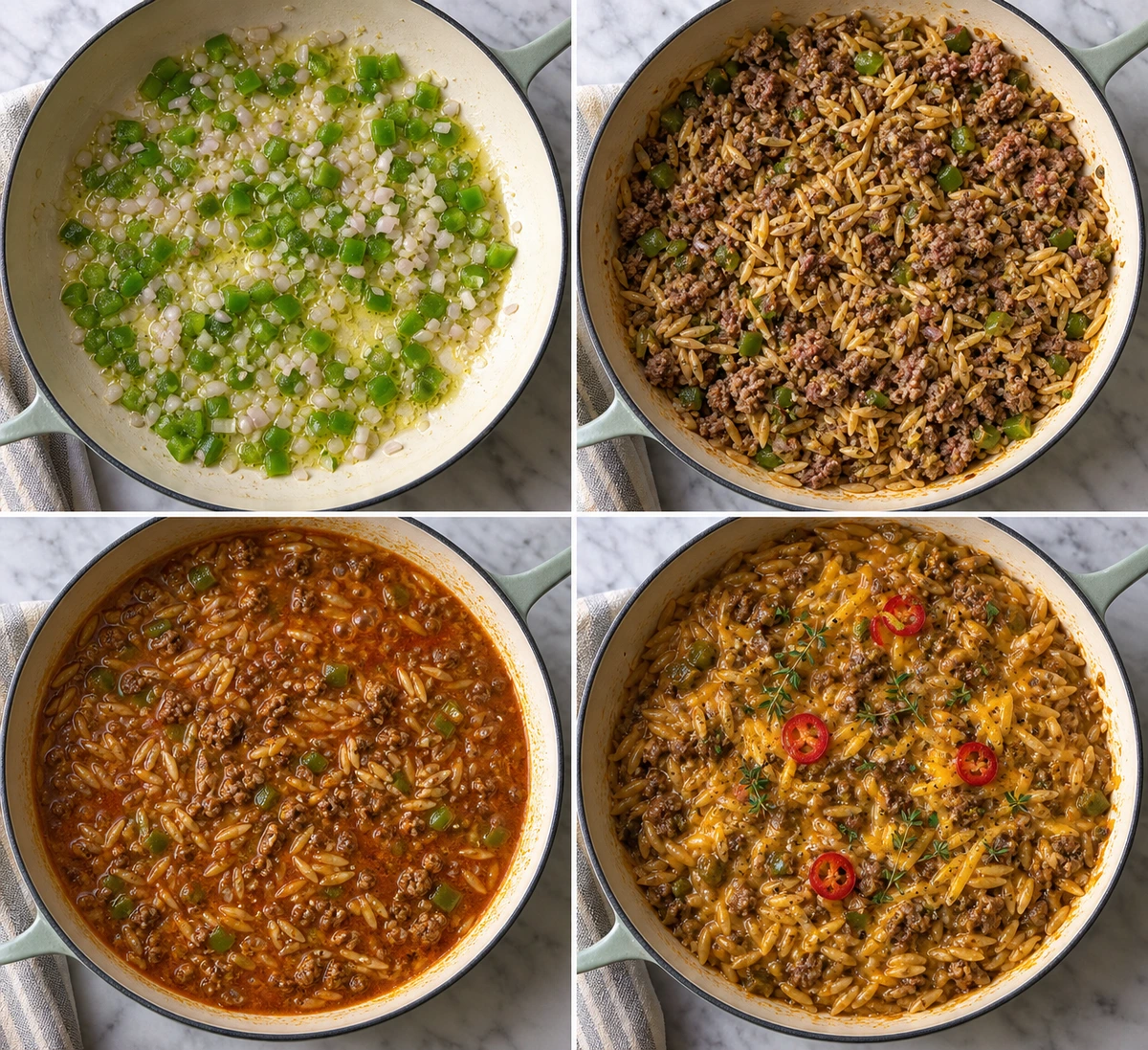 Four chronological preparation stages for Cajun Orzo