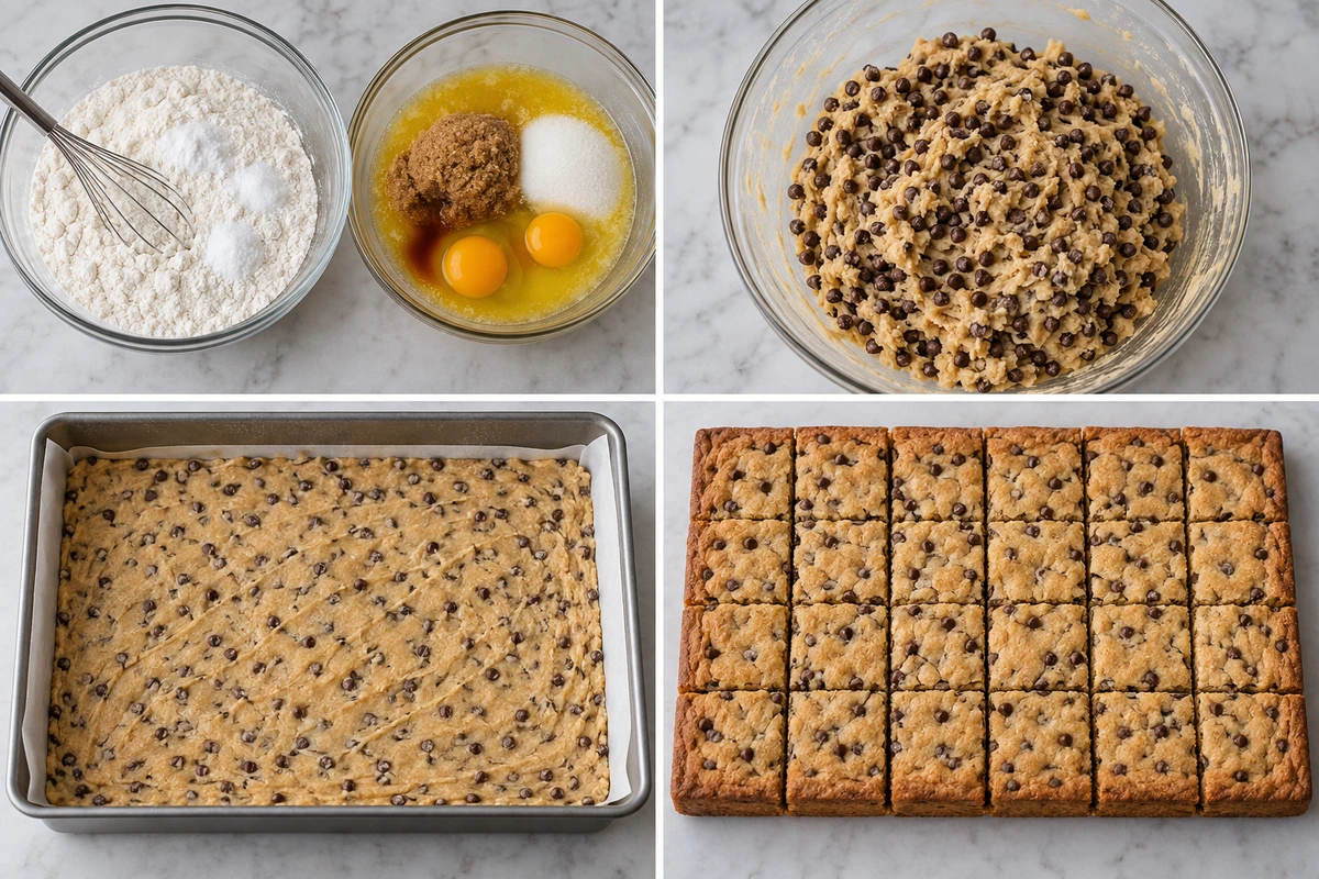 Four chronological preparation stages for Chocolate Chip Cookie Bars