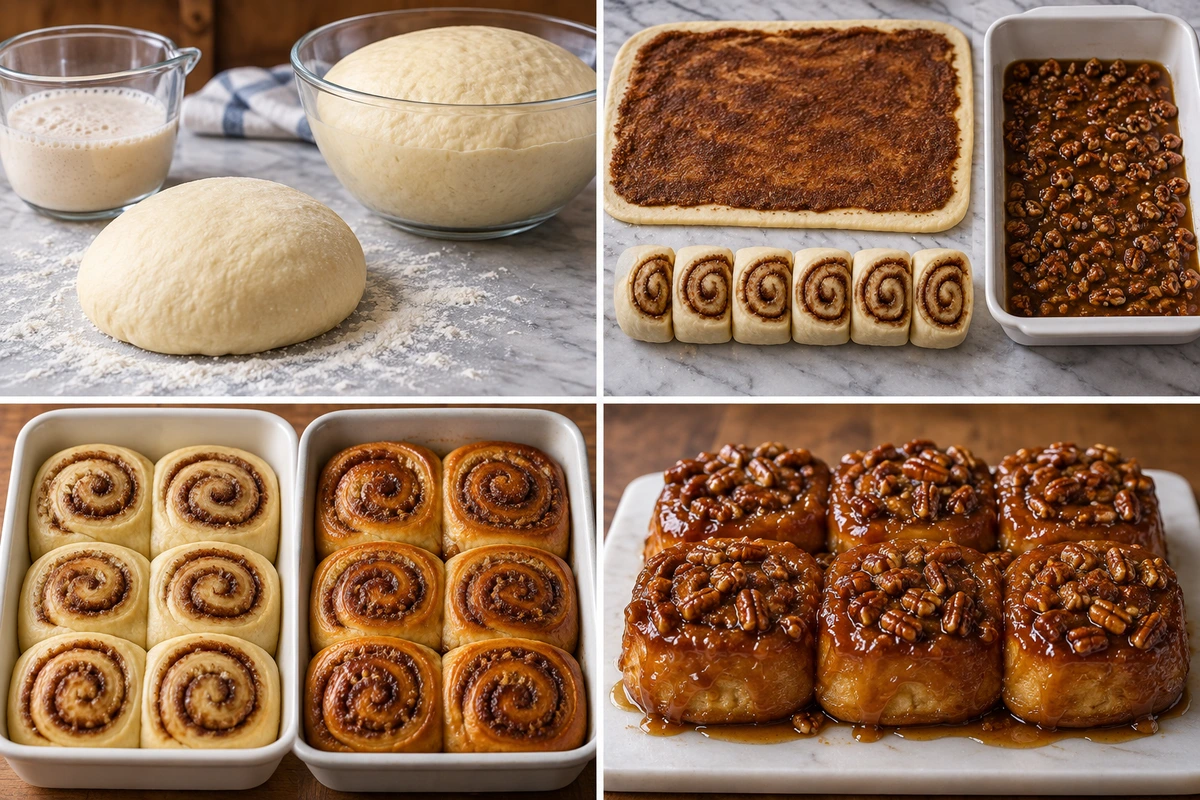Four chronological preparation stages for Sticky Buns