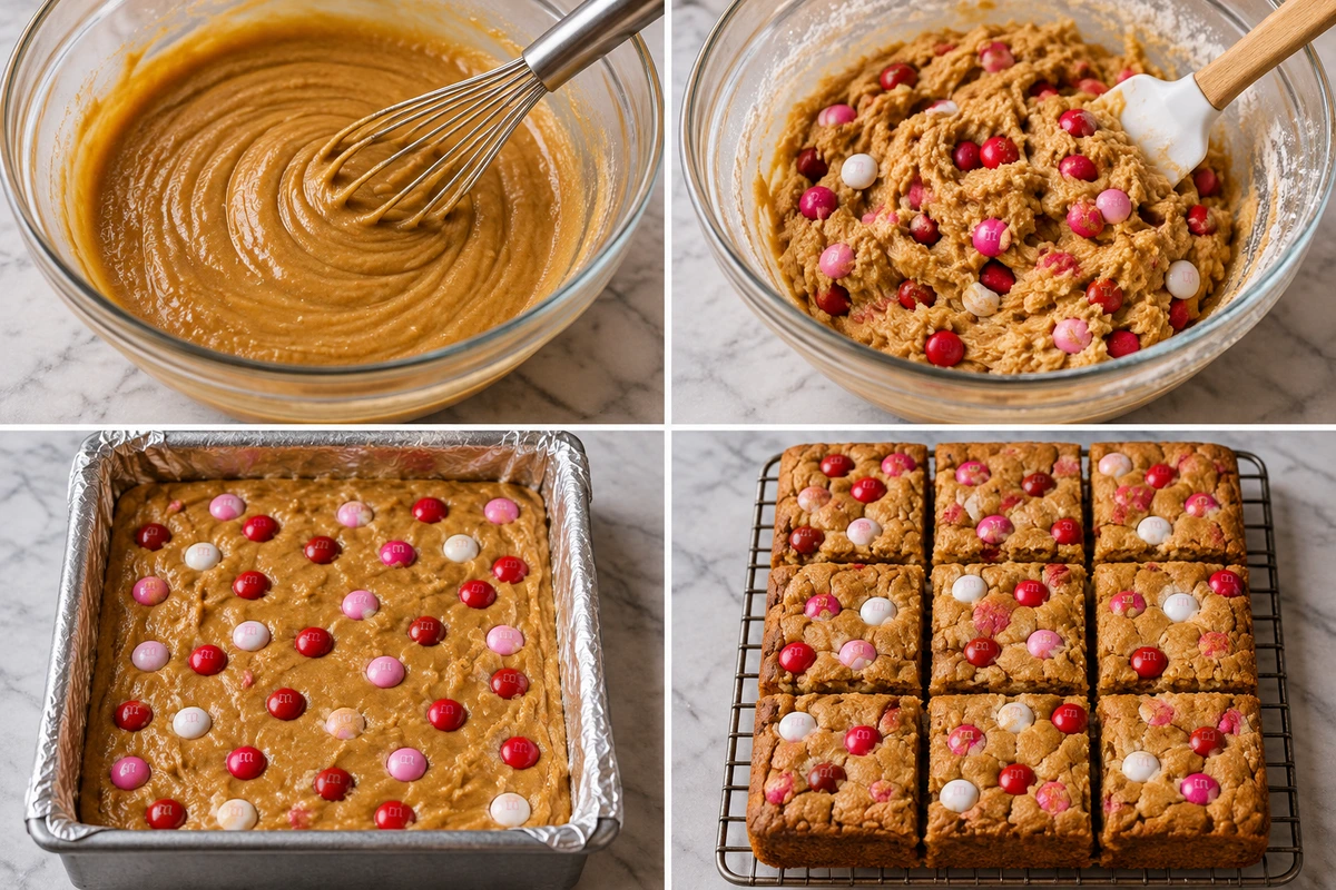 Four chronological preparation stages for Valentine Peanut Butter Blondies