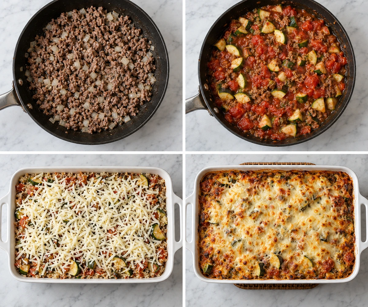 Four chronological preparation stages for Zucchini Ground Beef Casserole