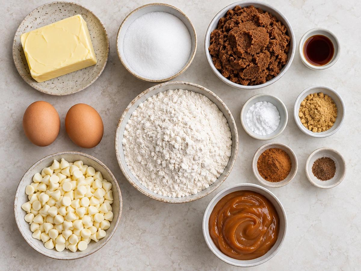Exact measured ingredients for Caramel Stuffed Ginger and White Chocolate Cookies