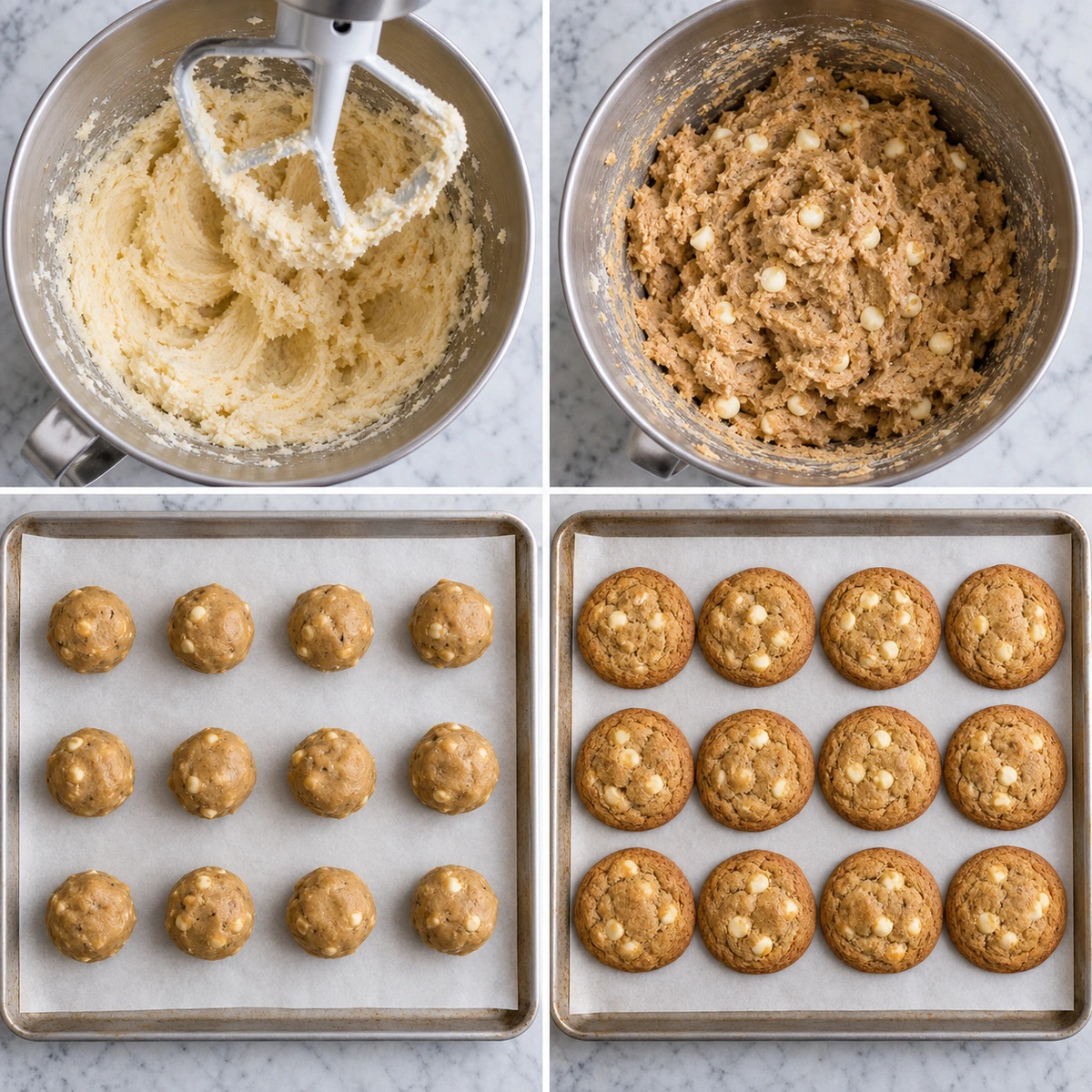 Four chronological preparation stages for Caramel Stuffed Ginger and White Chocolate Cookies