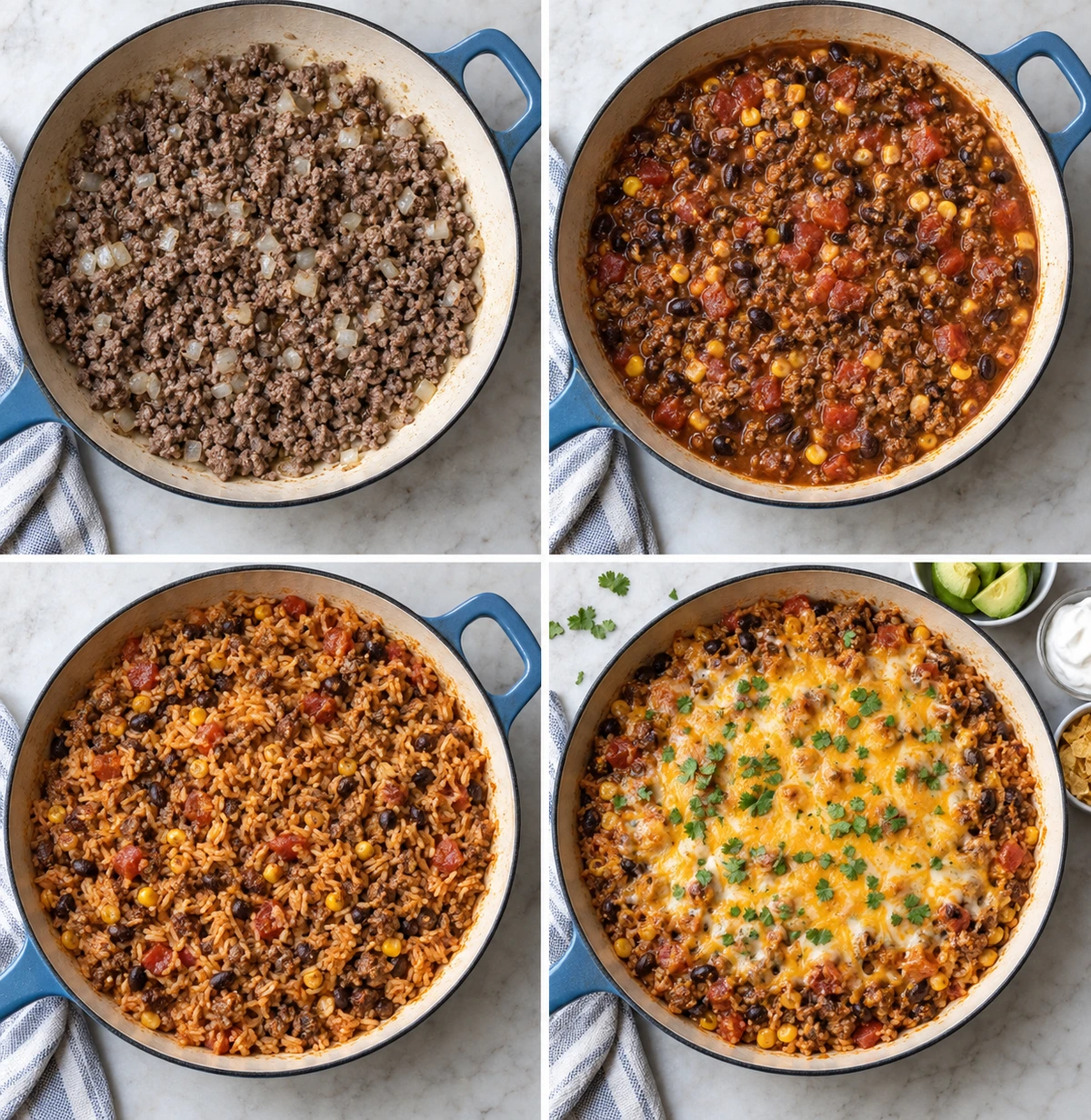 Four chronological preparation stages for Cheesy Taco Rice Skillet