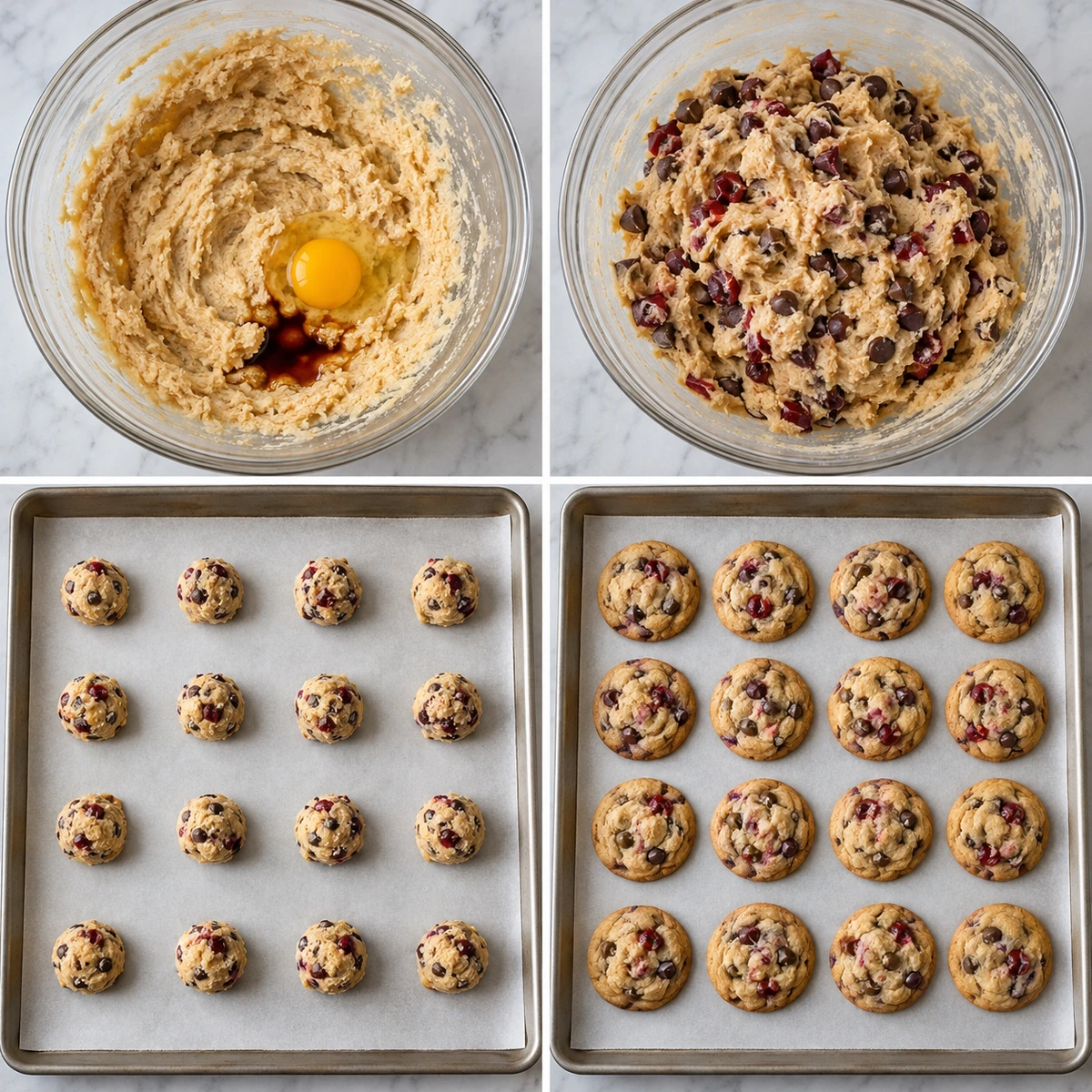 Four chronological preparation stages for Cherry Chocolate Chip Cookies