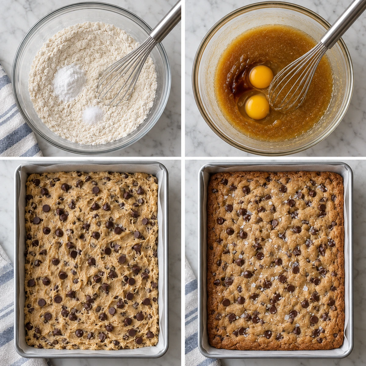 Four chronological preparation stages for Classic Chocolate Chip Cookie Bars