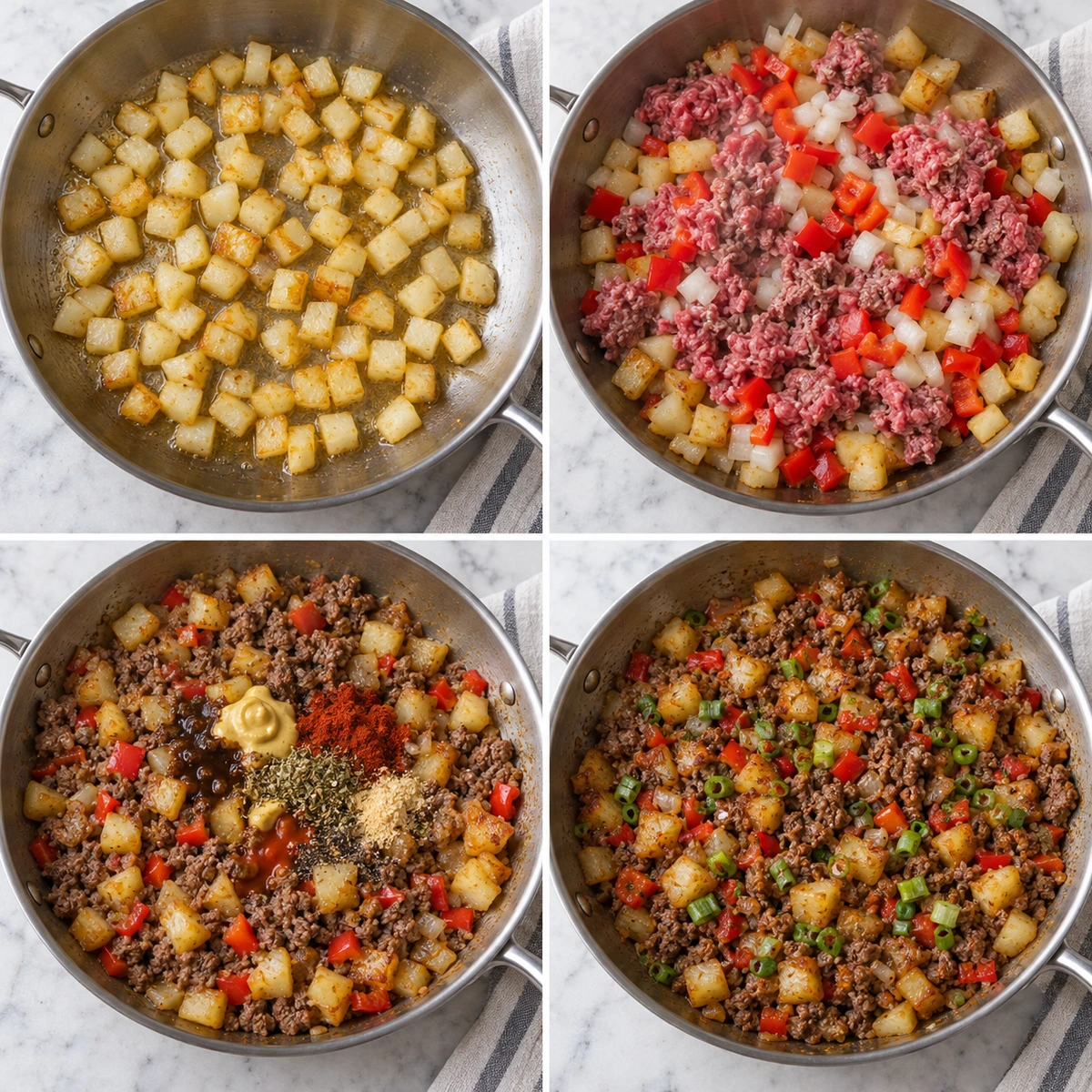 Four chronological preparation stages for Ground Beef and Potatoes