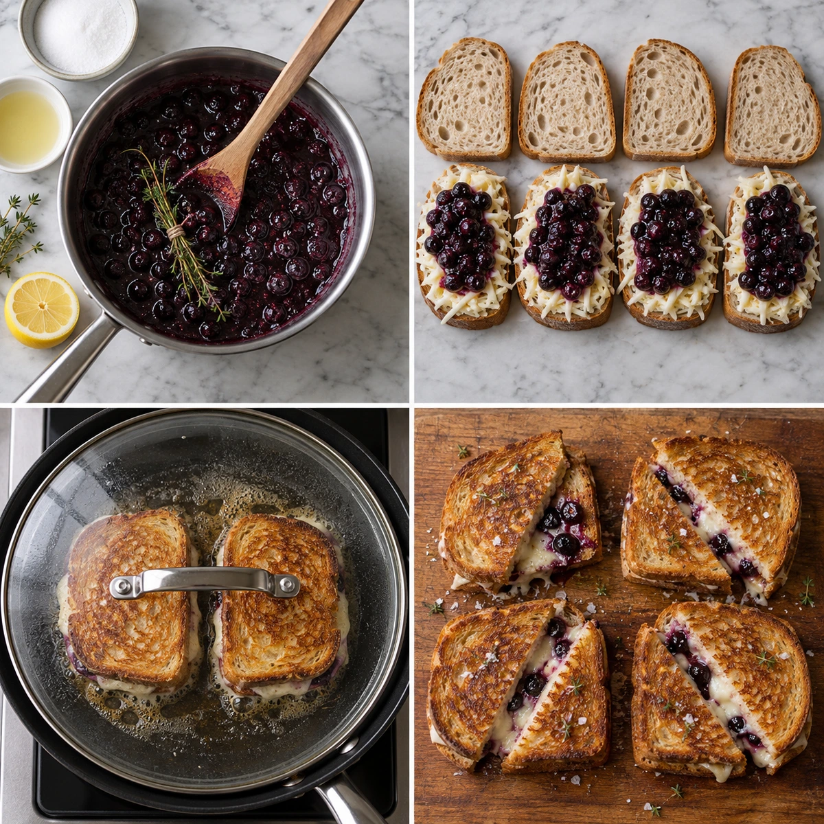 Four chronological preparation stages for Blueberry White Cheddar Grilled Cheese
